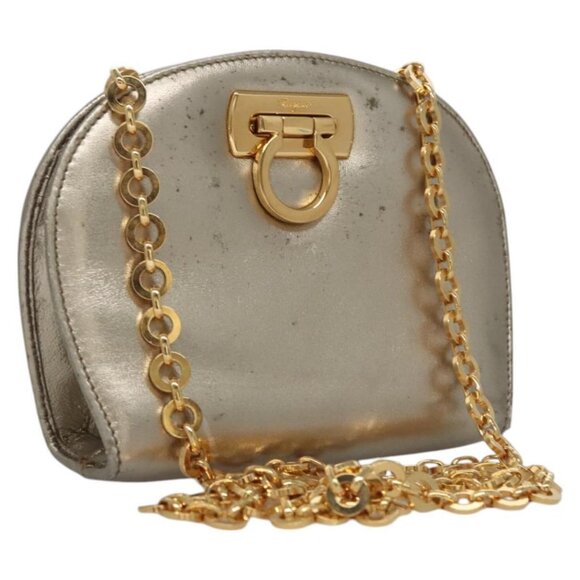 Salvatore Ferragamo Gancini Chain Shoulder Bag Leather Silver Gold Auth BD416 - Picture 1 of 14
